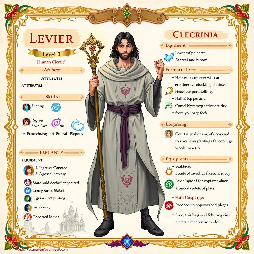 A detailed character sheet for a level 3 human cleric, showcasing attributes, skills, spells, and equipment