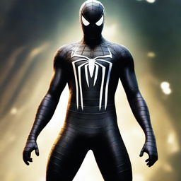 A high-quality digital art piece featuring Spiderman in a black ninja-inspired costume