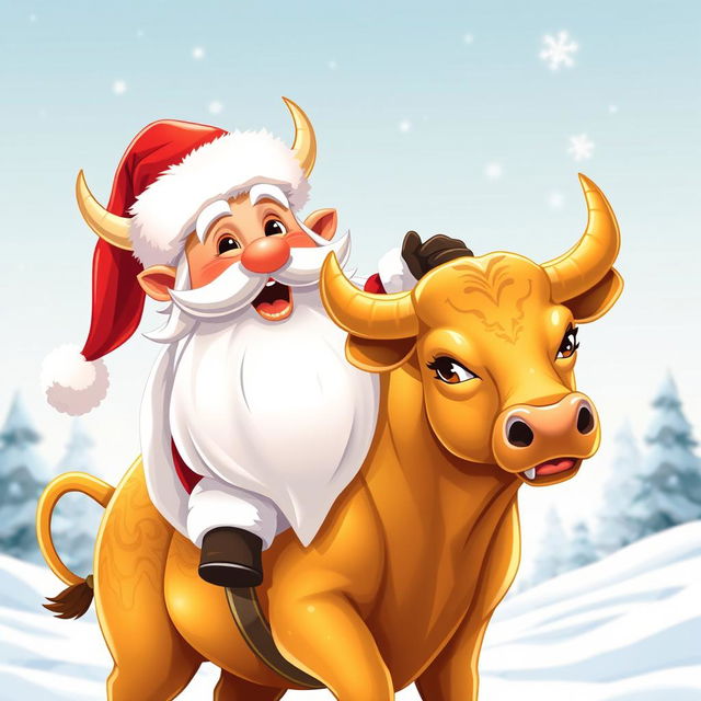 A playful character of Pepe, dressed festively as Santa Claus with a traditional red and white suit, white fluffy beard, and Santa hat, riding a golden bull