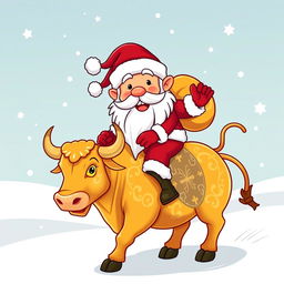A playful character of Pepe, dressed festively as Santa Claus with a traditional red and white suit, white fluffy beard, and Santa hat, riding a golden bull