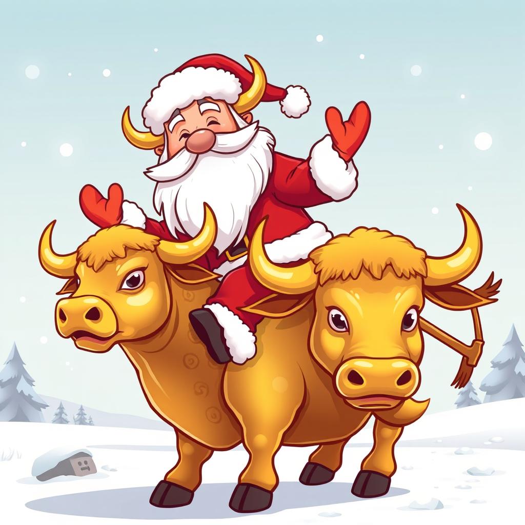 A playful character of Pepe, dressed festively as Santa Claus with a traditional red and white suit, white fluffy beard, and Santa hat, riding a golden bull