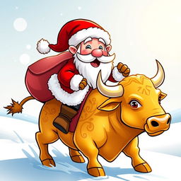 A playful character of Pepe, dressed festively as Santa Claus with a traditional red and white suit, white fluffy beard, and Santa hat, riding a golden bull