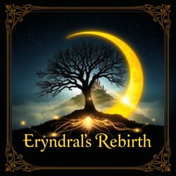 A golden crescent moon softly glowing in a dark blue starry sky, hovering above the silhouette of a large tree with glowing roots touching the ground