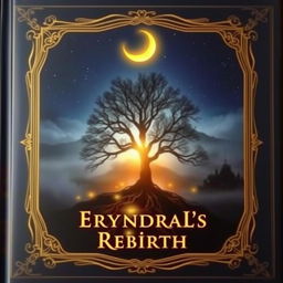 A golden crescent moon softly glowing in a dark blue starry sky, hovering above the silhouette of a large tree with glowing roots touching the ground