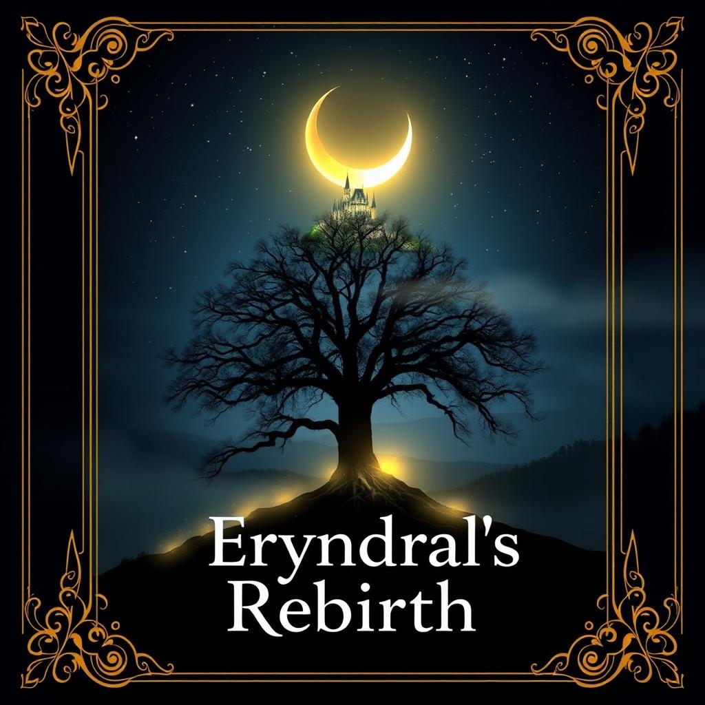 A golden crescent moon softly glowing in a dark blue starry sky, hovering above the silhouette of a large tree with glowing roots touching the ground