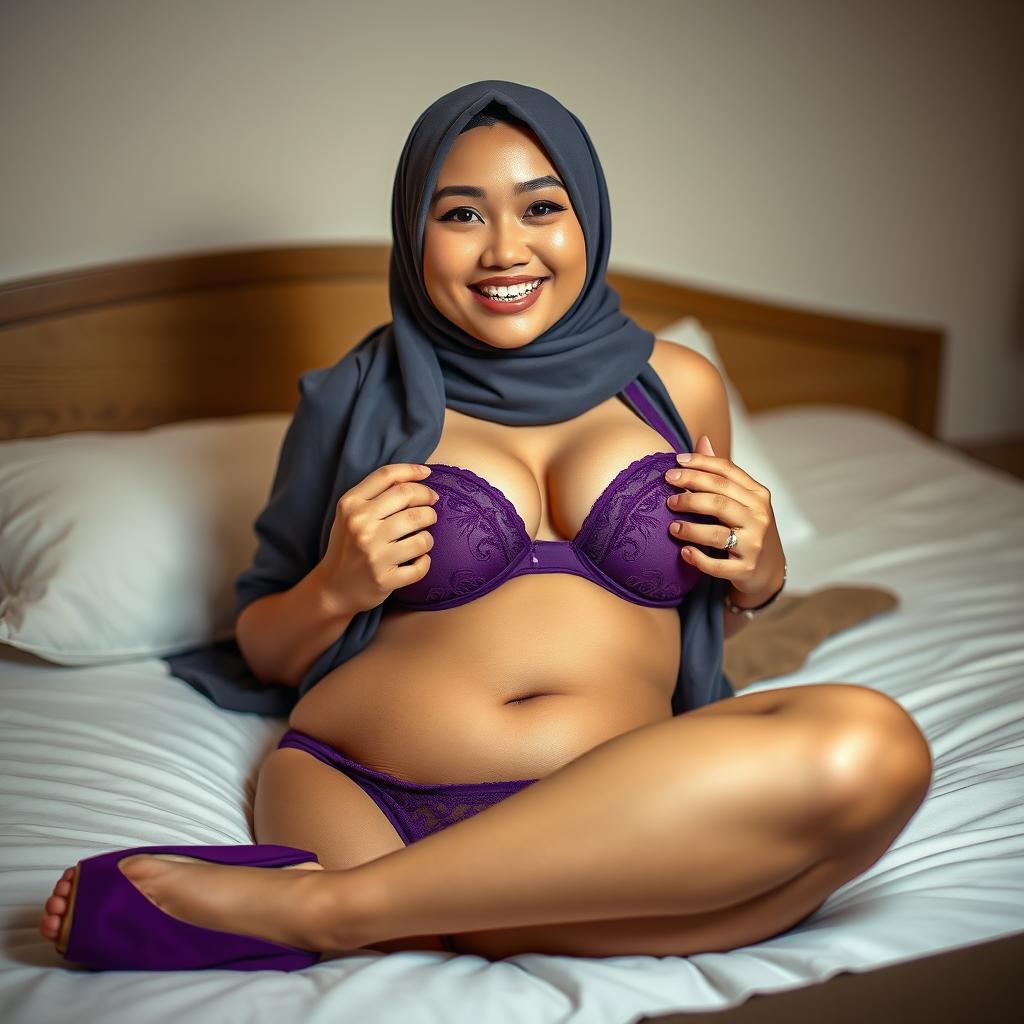 A Chinese woman wearing a hijab, with braces on her teeth and a curvy body, lying on a bed