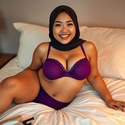A Chinese woman wearing a hijab, with braces on her teeth and a curvy body, lying on a bed
