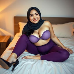 A Chinese woman wearing a hijab, with braces on her teeth, has a curvy body