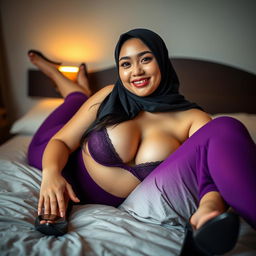 A Chinese woman wearing a hijab, with braces on her teeth, has a curvy body