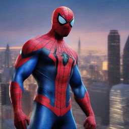 A high-quality digital art piece featuring Spiderman in an Optimus Prime-inspired costume, set against a night city backdrop