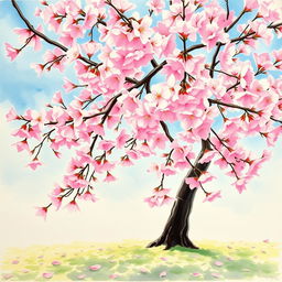 A vibrant watercolor painting of a cherry blossom tree in full bloom, with delicate pink and white flowers filling the branches