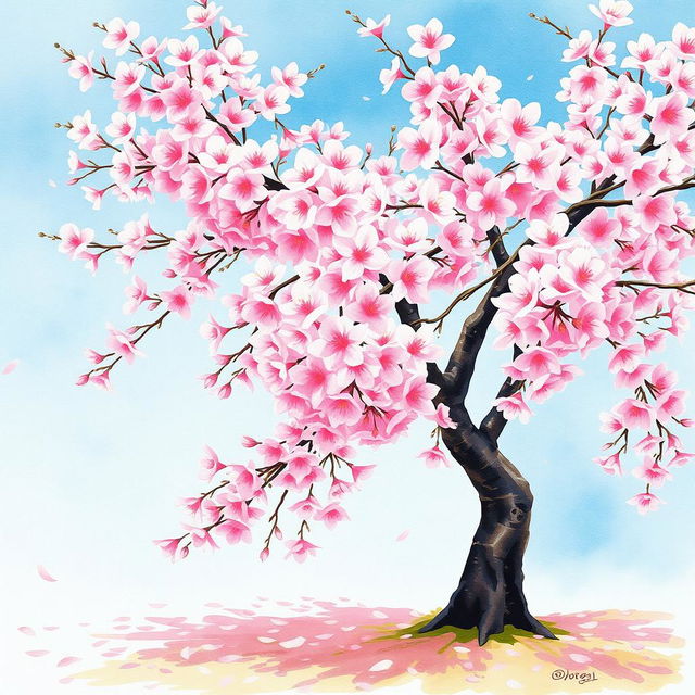 A vibrant watercolor painting of a cherry blossom tree in full bloom, with delicate pink and white flowers filling the branches