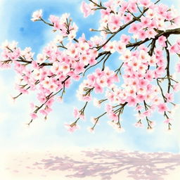 A vibrant watercolor painting of a cherry blossom tree in full bloom, with delicate pink and white flowers filling the branches