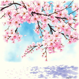 A vibrant watercolor painting of a cherry blossom tree in full bloom, with delicate pink and white flowers filling the branches