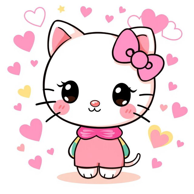 A cute and whimsical illustration of a character inspired by Hello Kitty, featuring a round, cat-like face with big eyes and a small nose, adorned with a pink bow on the left ear