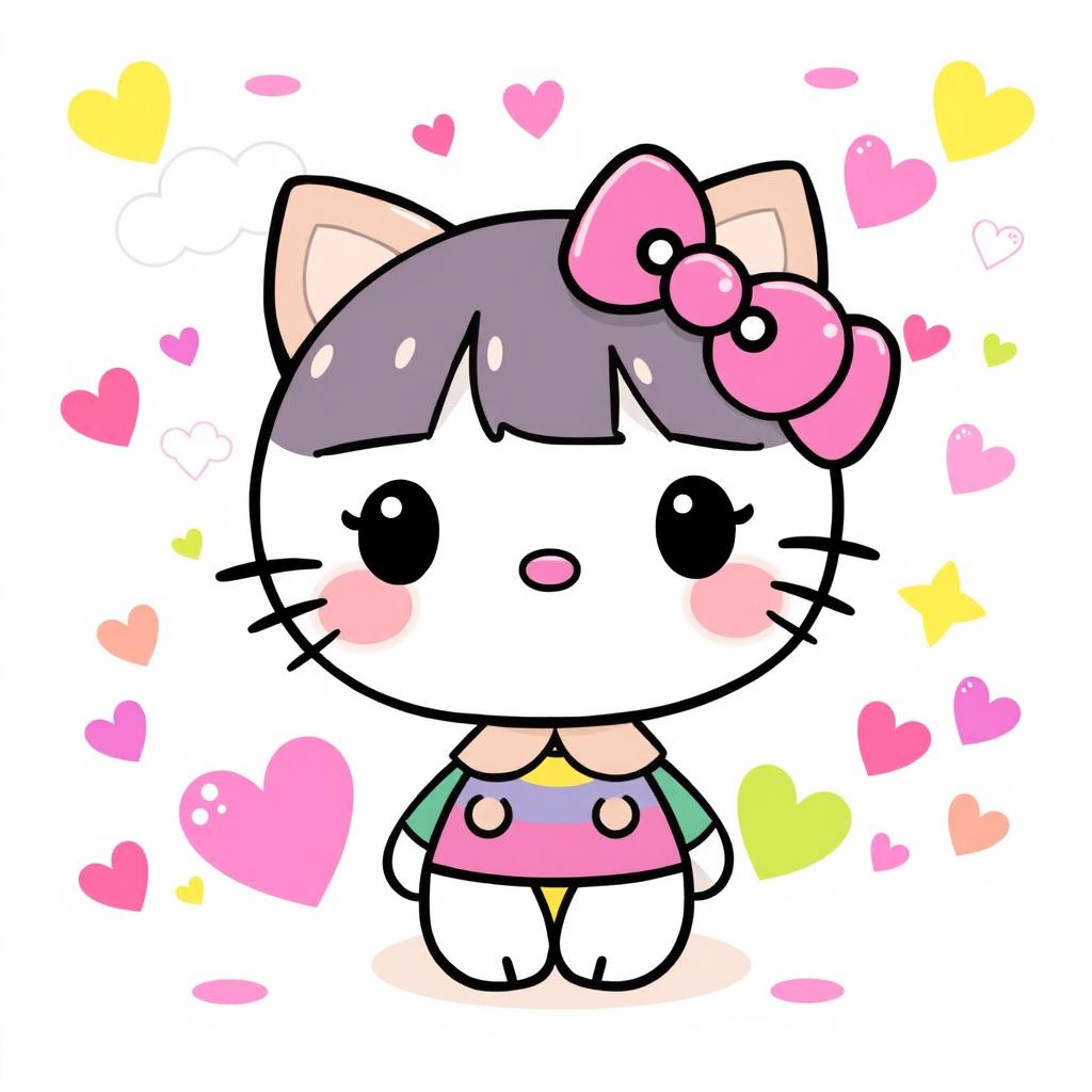 A cute and whimsical illustration of a character inspired by Hello Kitty, featuring a round, cat-like face with big eyes and a small nose, adorned with a pink bow on the left ear