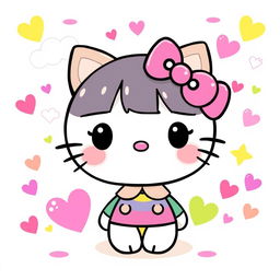 A cute and whimsical illustration of a character inspired by Hello Kitty, featuring a round, cat-like face with big eyes and a small nose, adorned with a pink bow on the left ear