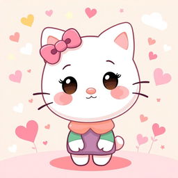 A cute and whimsical illustration of a character inspired by Hello Kitty, featuring a round, cat-like face with big eyes and a small nose, adorned with a pink bow on the left ear