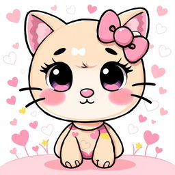 A cute and whimsical illustration of a character inspired by Hello Kitty, featuring a round, cat-like face with big eyes and a small nose, adorned with a pink bow on the left ear