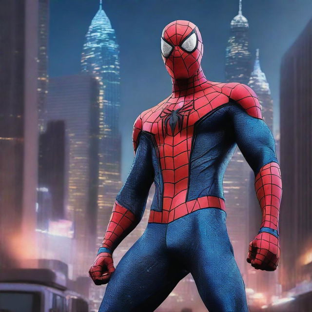 A high-quality digital art piece featuring Spiderman in an Optimus Prime-inspired costume, set against a night city backdrop