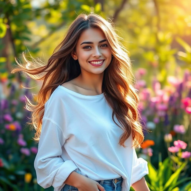 A casual scene featuring a young woman embracing a carefree attitude, wearing a loose-fitting white shirt that gracefully falls off one shoulder, showcasing her confidence and freedom