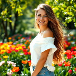 A casual scene featuring a young woman embracing a carefree attitude, wearing a loose-fitting white shirt that gracefully falls off one shoulder, showcasing her confidence and freedom