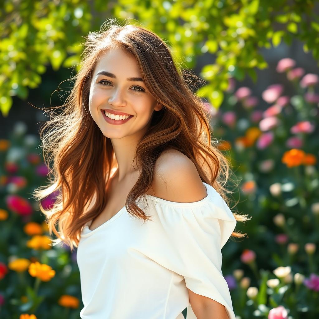 A casual scene featuring a young woman embracing a carefree attitude, wearing a loose-fitting white shirt that gracefully falls off one shoulder, showcasing her confidence and freedom