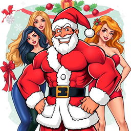 A muscular character resembling Pepe, dressed in a Santa Claus outfit, striking a confident pose in front of attractive women
