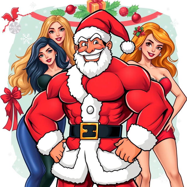 A muscular character resembling Pepe, dressed in a Santa Claus outfit, striking a confident pose in front of attractive women