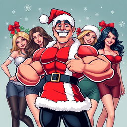 A muscular character resembling Pepe, dressed in a Santa Claus outfit, striking a confident pose in front of attractive women