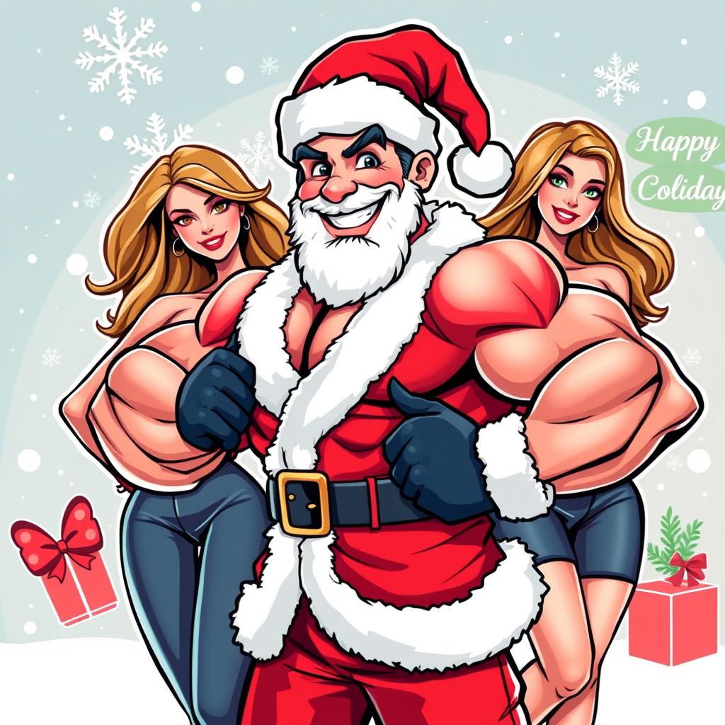 A muscular character resembling Pepe, dressed in a Santa Claus outfit, striking a confident pose in front of attractive women