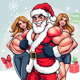 A muscular character resembling Pepe, dressed in a Santa Claus outfit, striking a confident pose in front of attractive women