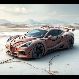 A bold and provocative artistic representation of a conceptual car, designed with an unsettling yet fascinating aesthetic