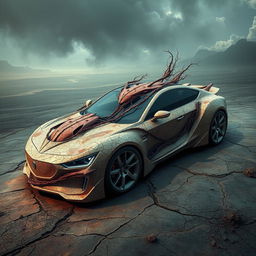A bold and provocative artistic representation of a conceptual car, designed with an unsettling yet fascinating aesthetic