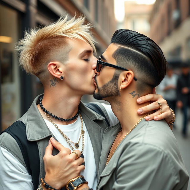 An alternative styled 30-year-old man with vibrant blonde hair and an eyebrow piercing is kissing an equally alternative styled 30-year-old man with sleek black hair and a neatly trimmed beard