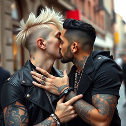 An alternative styled 30-year-old man with vibrant blonde hair and an eyebrow piercing is kissing an equally alternative styled 30-year-old man with sleek black hair and a neatly trimmed beard