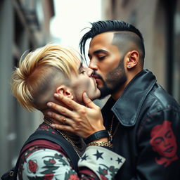 An alternative styled 30-year-old man with vibrant blonde hair and an eyebrow piercing is kissing an equally alternative styled 30-year-old man with sleek black hair and a neatly trimmed beard