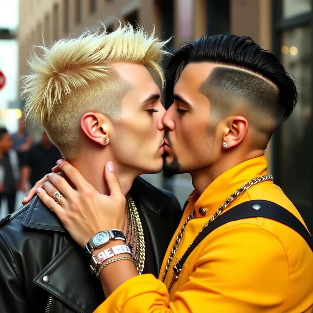 An alternative styled 30-year-old man with vibrant blonde hair and an eyebrow piercing is kissing an equally alternative styled 30-year-old man with sleek black hair and a neatly trimmed beard