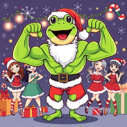 A cartoon character resembling Pepe the Frog, dressed as Santa Claus, flexing his impressive muscles proudly