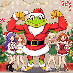 A cartoon character resembling Pepe the Frog, dressed as Santa Claus, flexing his impressive muscles proudly