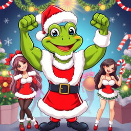 A cartoon character resembling Pepe the Frog, dressed as Santa Claus, flexing his impressive muscles proudly
