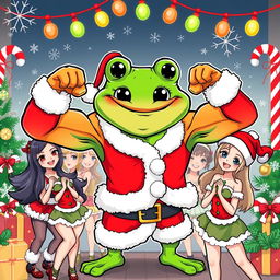 A cartoon character resembling Pepe the Frog, dressed as Santa Claus, flexing his impressive muscles proudly