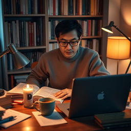 A person sitting at a desk, deeply focused on researching with multiple open books and a laptop in front