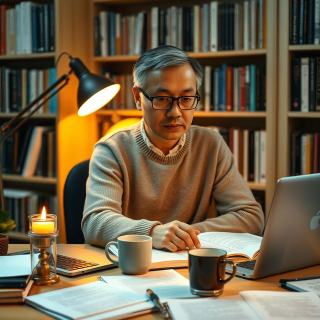 A person sitting at a desk, deeply focused on researching with multiple open books and a laptop in front