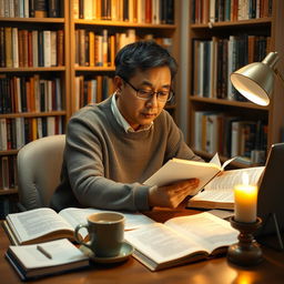 A person sitting at a desk, deeply focused on researching with multiple open books and a laptop in front