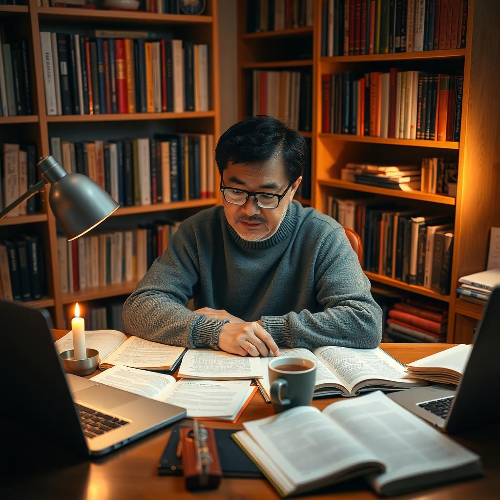 A person sitting at a desk, deeply focused on researching with multiple open books and a laptop in front