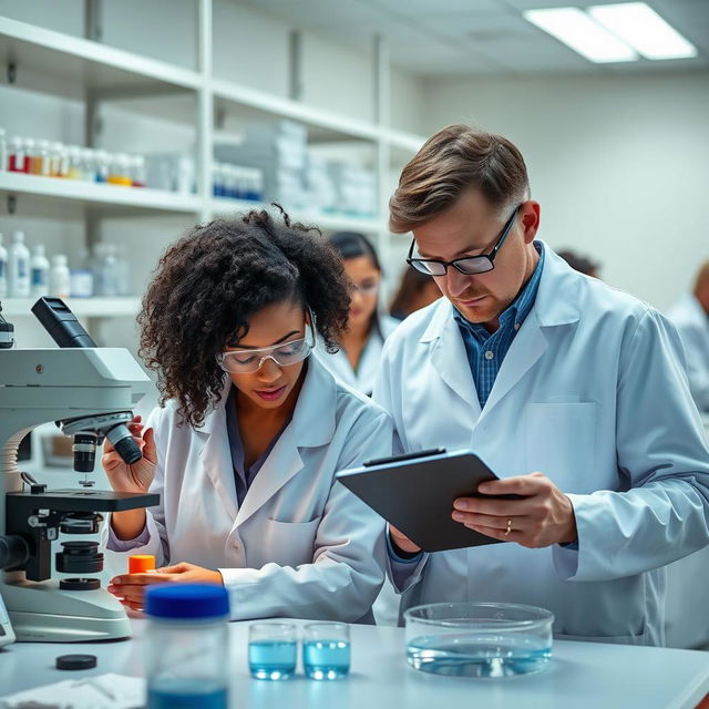 A clinical research laboratory scene featuring a diverse group of researchers in lab coats diligently analyzing samples