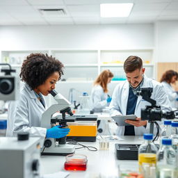 A clinical research laboratory scene featuring a diverse group of researchers in lab coats diligently analyzing samples