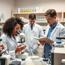 A clinical research laboratory scene featuring a diverse group of researchers in lab coats diligently analyzing samples