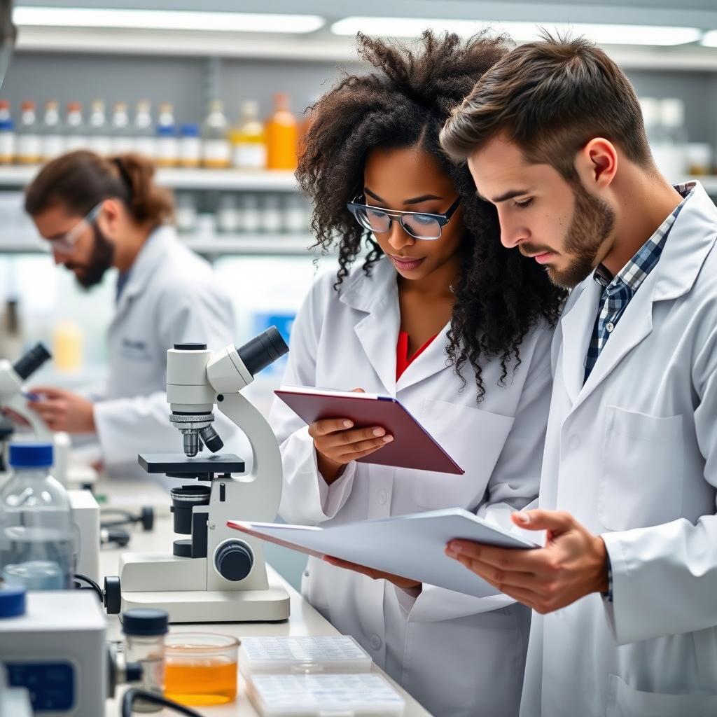 A clinical research laboratory scene featuring a diverse group of researchers in lab coats diligently analyzing samples